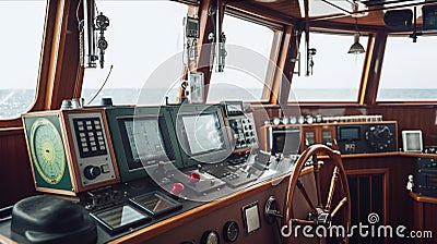 Nautical Control Panel, Private Yacht Steering Wheel and Modern Dashboard, Generative AI Stock Photo