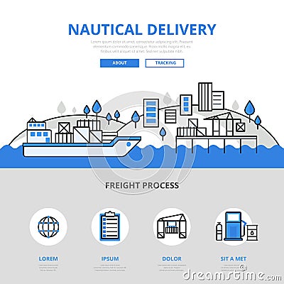 Nautical delivery water transport banner flat line art vector Vector Illustration