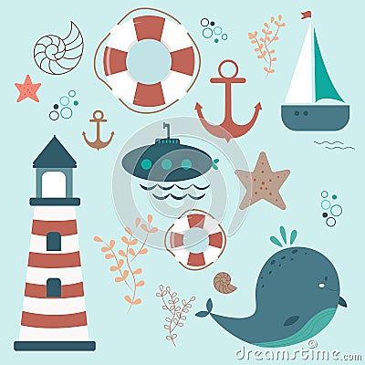 Nautical design elements: anchor, starfish, wheel, boat, fish, rope, bell, lifebuoy, lighthouse, flag, shell. Collection Stock Photo