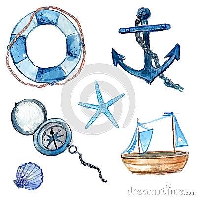 Nautical design elements hand drawn in watercolor. Life buoy with rope, compass, anchor, wooden ship, star fish and shell. Art Vector Illustration