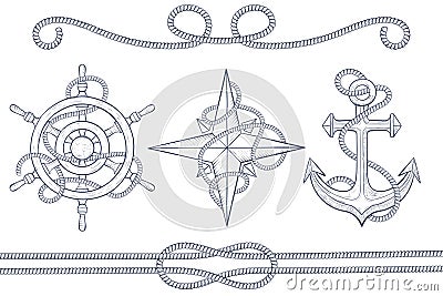 Nautical design elements. Steering wheel, windrose, anchor with rope. Hand drawn sketch Vector Illustration