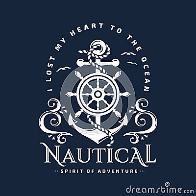 Nautical emblem with anchor, steering wheel and waves. Vector Illustration