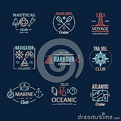 Nautical Emblem Badges or Labels Line Art Set. Vector Vector Illustration