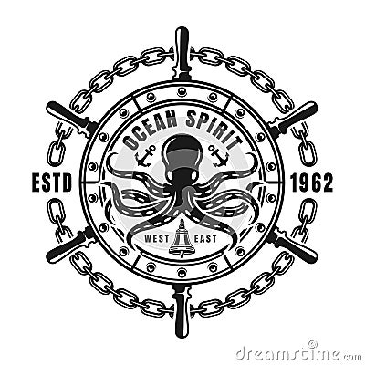 Nautical emblem with steering wheel and octopus Vector Illustration