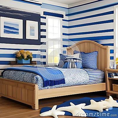 Nautical Escape: A beach-themed bedroom with blue and white stripes, seashell decorations, and a boat-shaped bed3, Generative AI Stock Photo