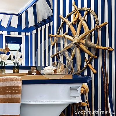 Nautical Escape: A coastal-themed bathroom with navy blue and white stripes, seashell decor, and a vintage ship wheel, evoking a Stock Photo