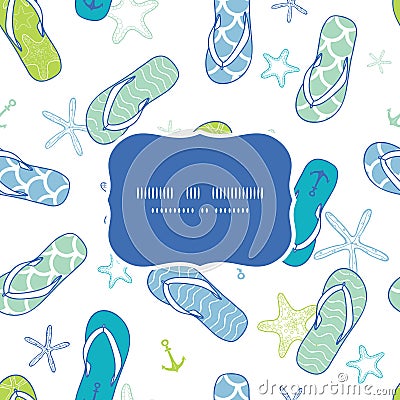 Nautical flip flops blue and green frame seamless Vector Illustration