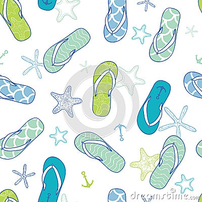 Nautical flip flops blue and green seamless pattern background Vector Illustration