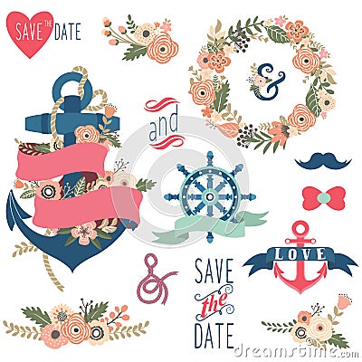 Nautical Floral Wedding Collections Vector Illustration