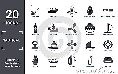 nautical icon set. include creative elements as seaworthy, nautical monocular, ocean waves, ship engine, gunboat, diver filled Vector Illustration