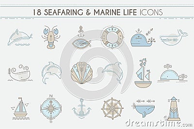 Nautical icon set, line style design elements. Vector Illustration