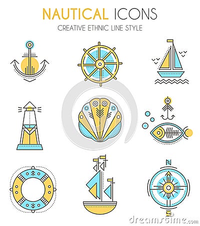 Nautical icon set, minimalistic flat design with thin strokes Vector Illustration