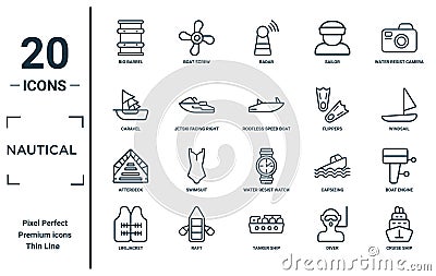 nautical linear icon set. includes thin line big barrel, caravel, afterdeck, lifejacket, cruise ship, roofless speed boat, boat Vector Illustration