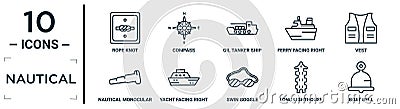 nautical linear icon set. includes thin line rope knot, oil tanker ship, vest, yacht facing right, long lighthouse, boat bell, Vector Illustration