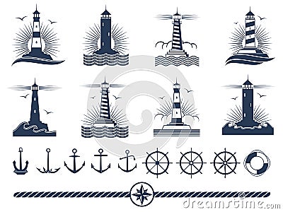 Nautical logos and elements set - anchors lighthouses rope Vector Illustration