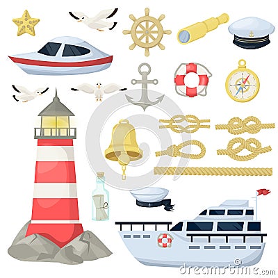 Nautical navy boats, anchor, wheel marine and ocean theme design elements set for baby showers, birthdays, invitations Vector Illustration