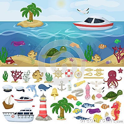 Nautical navy boats marine ocean sea animals vector water plants ocean fish cartoon illustration Vector Illustration