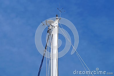Nautical part of a yacht with cords, rigging, sail, mast, anchor, knots . Stock Photo