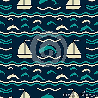 Nautical pattern with waves, dolphins and sailboats Vector Illustration