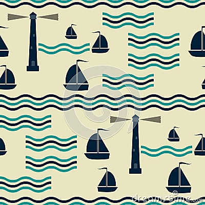 Nautical pattern with waves, sailboats and lighthouses Vector Illustration
