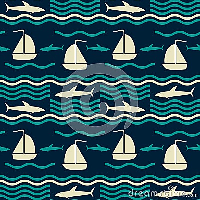 Nautical pattern with waves, sharks and sailboats Vector Illustration