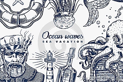 Nautical Poster. Sea banner or background. Lighthouse and marine captain, octopus and shipping sail, old sailor, ocean Vector Illustration