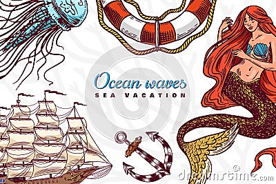 Nautical Poster. Sea banner or background. Lighthouse, mermaid and marine captain, octopus and shipping sail, old sailor Vector Illustration