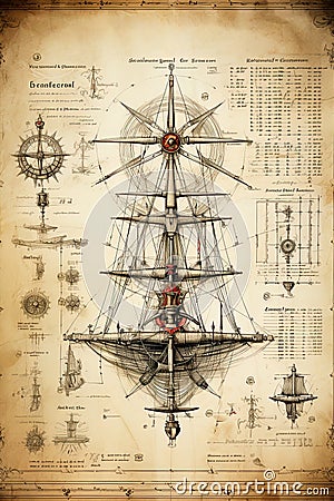 Nautical poster sketch design. Sailing and exploration. Generative Ai Cartoon Illustration