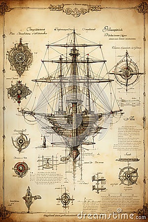 Nautical poster sketch design. Sailing and exploration. Generative Ai Cartoon Illustration