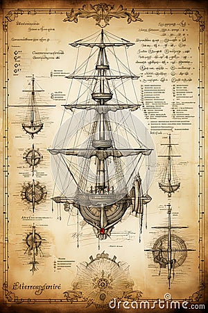 Nautical poster sketch design. Sailing and exploration. Generative Ai Cartoon Illustration