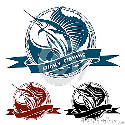 Nautical retro label with jumping sail fish Vector Illustration
