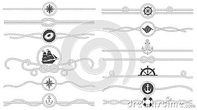 Nautical rope border. Nautical tied ropes line, sea ship anchor divider and retro marine decor borders isolated vector Vector Illustration