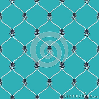 Nautical rope and dark Kraken seamless fishnet pattern Vector Illustration
