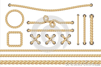 Nautical rope. Round and square rope frames, cord borders. Sailing vector decoration elements Vector Illustration