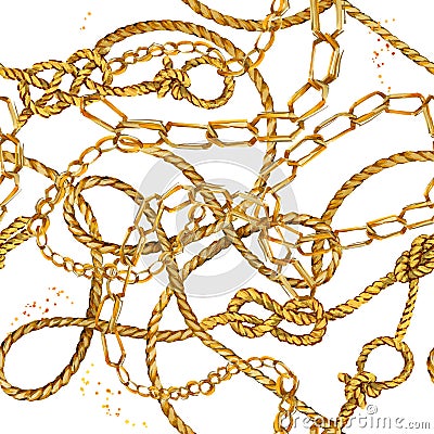 Nautical rope seamless tied fishnet background. marine knots and cordage pattern. fishing net watercolor illustration. gold chains Cartoon Illustration