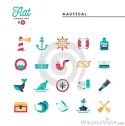 Nautical, sailing, sea animals, marine and more, flat icons set Cartoon Illustration