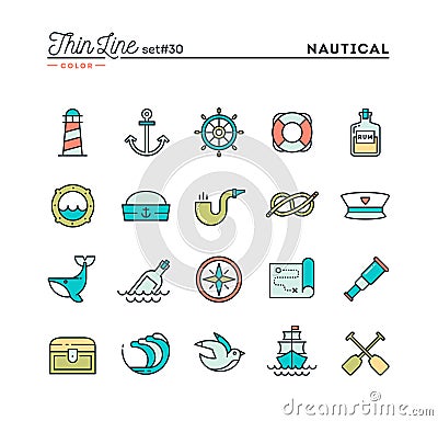 Nautical, sailing, sea animals, marine and more, thin line color Cartoon Illustration