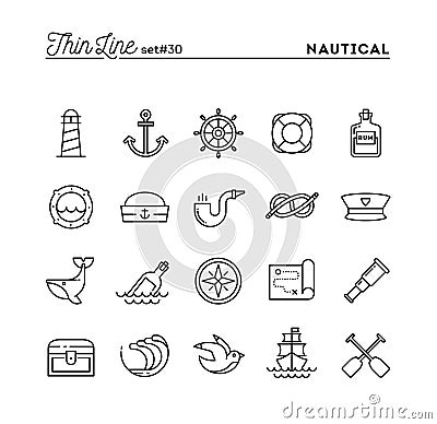 Nautical, sailing, sea animals, marine and more, thin line icons Cartoon Illustration