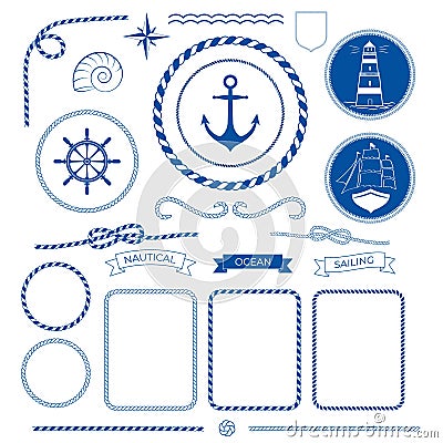 Nautical sea frame collection, marine rope, boat, lighthouse, anchot Vector Illustration