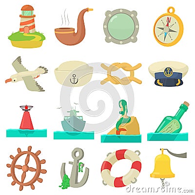 Nautical sea icons set, cartoon style Vector Illustration