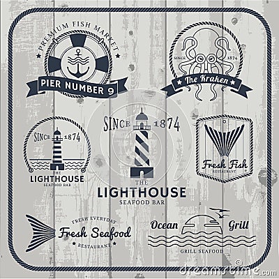 Nautical and seafood labels set Vector Illustration