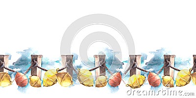 Nautical seamless border pattern Sea waves, splashes, bollards, buoys, knot, ropes. Hand-drawn watercolor Stock Photo