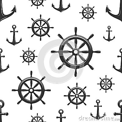 Nautical seamless pattern with black helms and anchors on white Cartoon Illustration