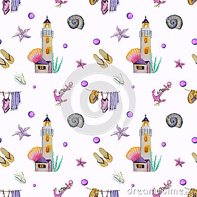 Nautical seamless pattern with lighthouse, lifebuoy, marine knot, letter in a bottle, starfish, shells and bubbles on Stock Photo