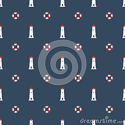 Nautical seamless pattern with lighthouse and lifebuoys icon Vector Illustration
