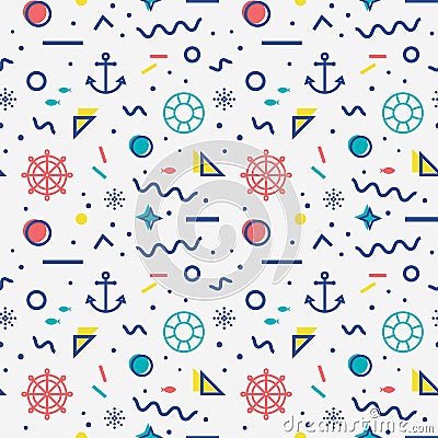 Nautical seamless pattern in memphis style. Vector Illustration