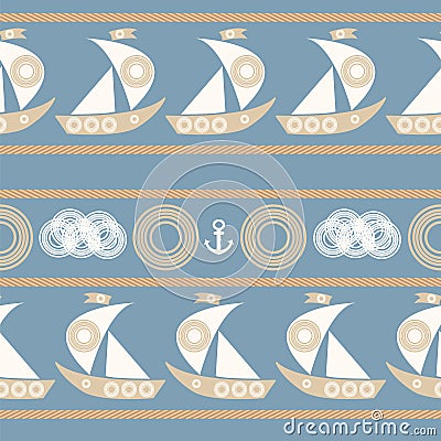 Nautical seamless pattern with sailboat. Vector Illustration