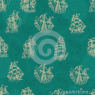 Nautical seamless pattern with sailboats and wind compass Vector Illustration