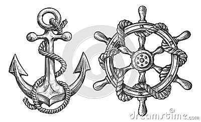 Nautical set. Anchor and ship helm, steering wheel in sketch style. Vintage illustration isolated on white background Cartoon Illustration