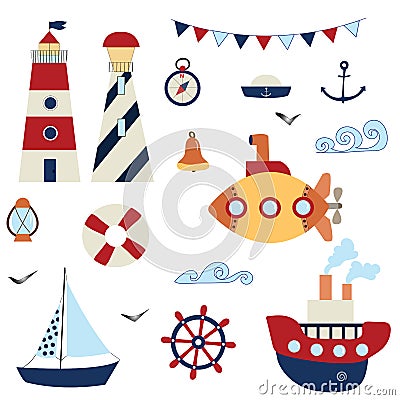 Nautical set. Marine theme. Sea travel. Anchor, steering wheel, ships, lighthouses, seagull, compass, bell, submarine Vector Illustration